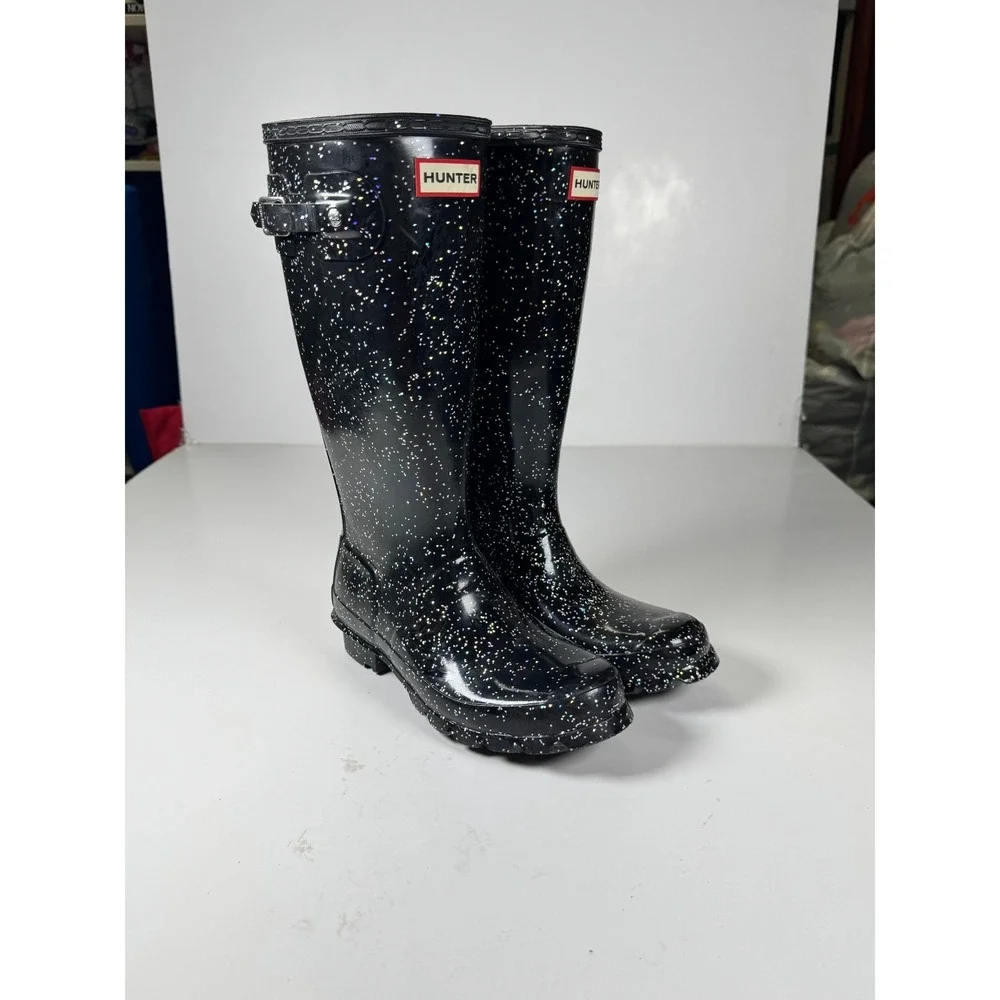 Hunter Girls US 4B Black Giant Glitter Round Toe Pull On Mid Calf Rain Boots